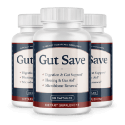 Three Gut Save dietary supplement bottles