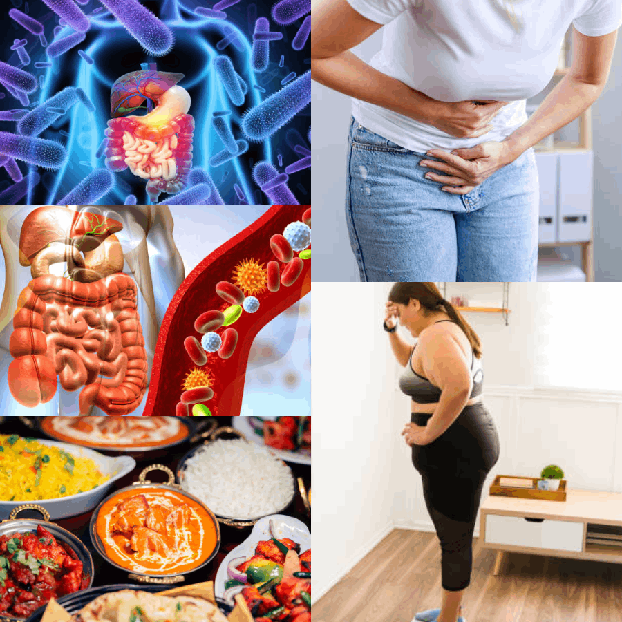 Collage illustrating digestive health, gut microbes, food, and abdominal discomfort